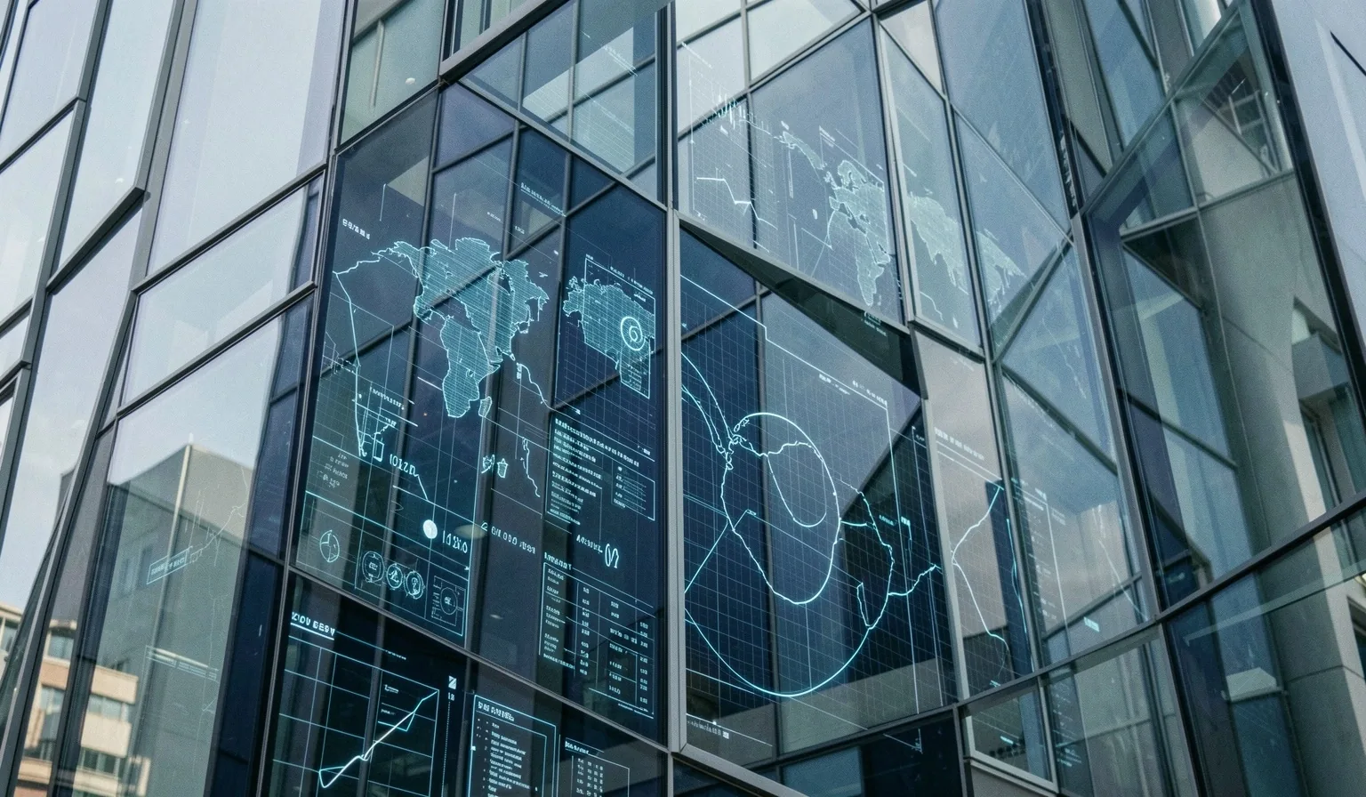 Architectural glass facets reflecting analytical patterns